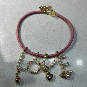 Charming Pink Cord LOVE Necklace with Gold HEARTS and Pearl Accents
